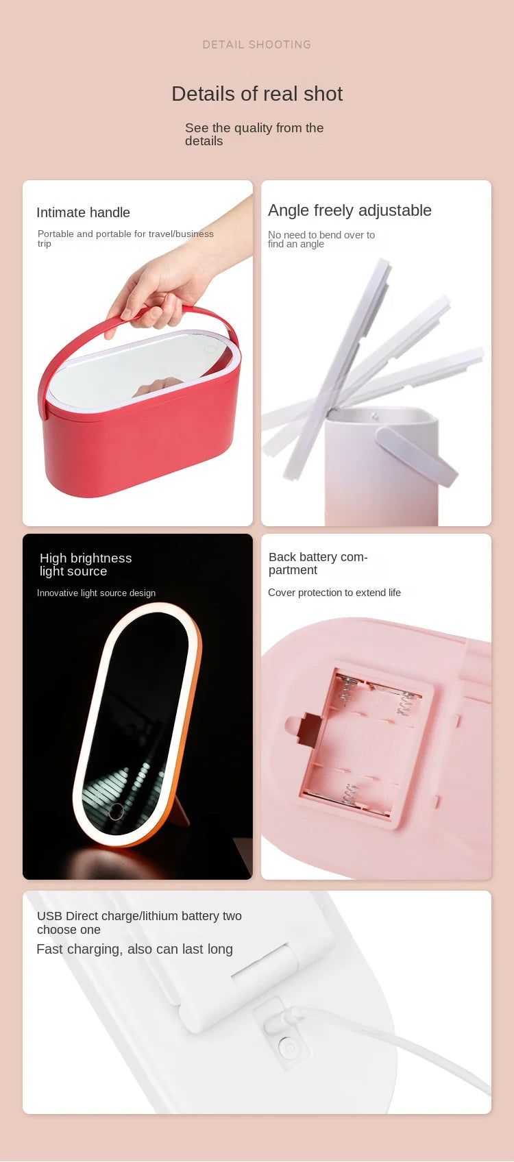 Rechargeable LED Makeup Mirror with Storage Box Portable Folding Rotating