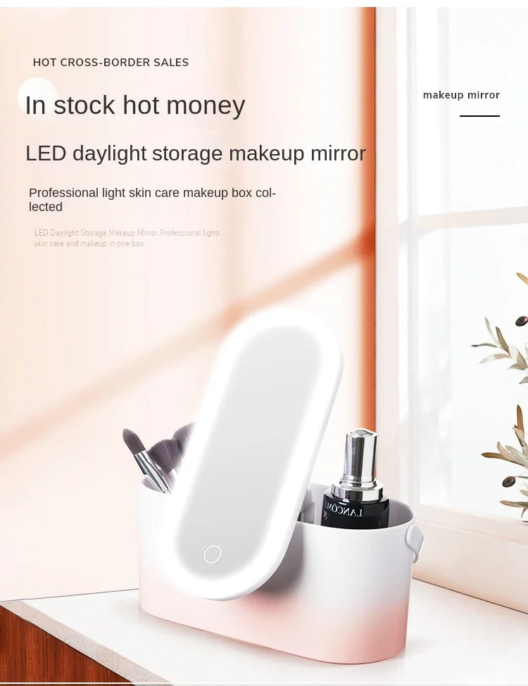 Rechargeable LED Makeup Mirror with Storage Box Portable Folding Rotating