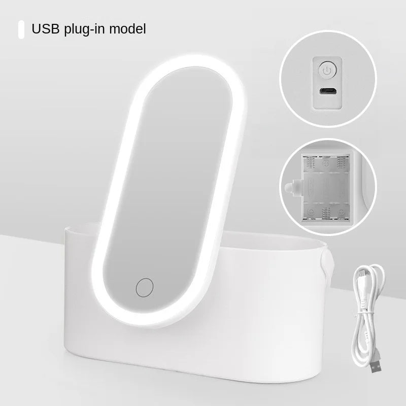 Rechargeable LED Makeup Mirror with Storage Box Portable Folding Rotating