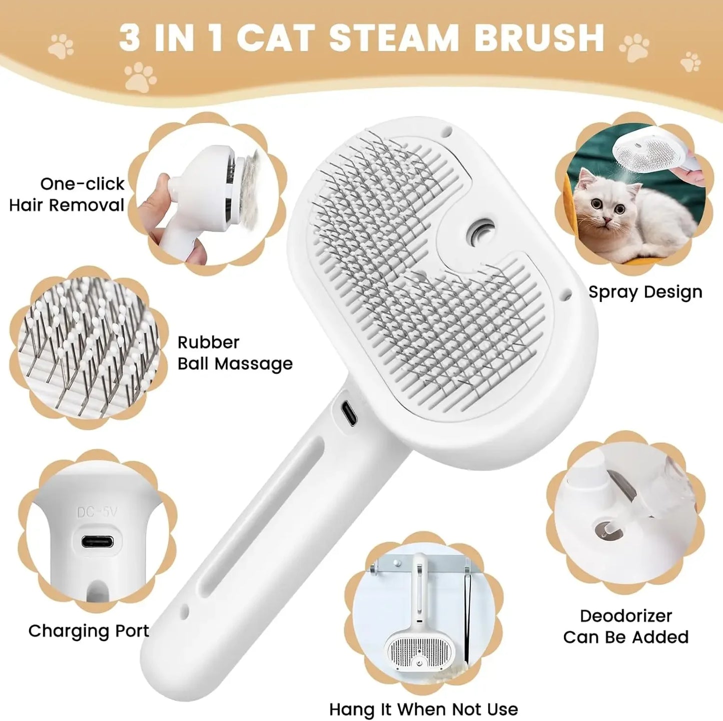 Upgraded 3 In 1 Pet Spray Grooming Comb Steamy Floating Hair Removal
