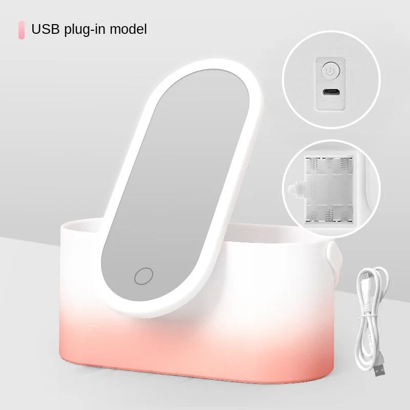 Rechargeable LED Makeup Mirror with Storage Box Portable Folding Rotating