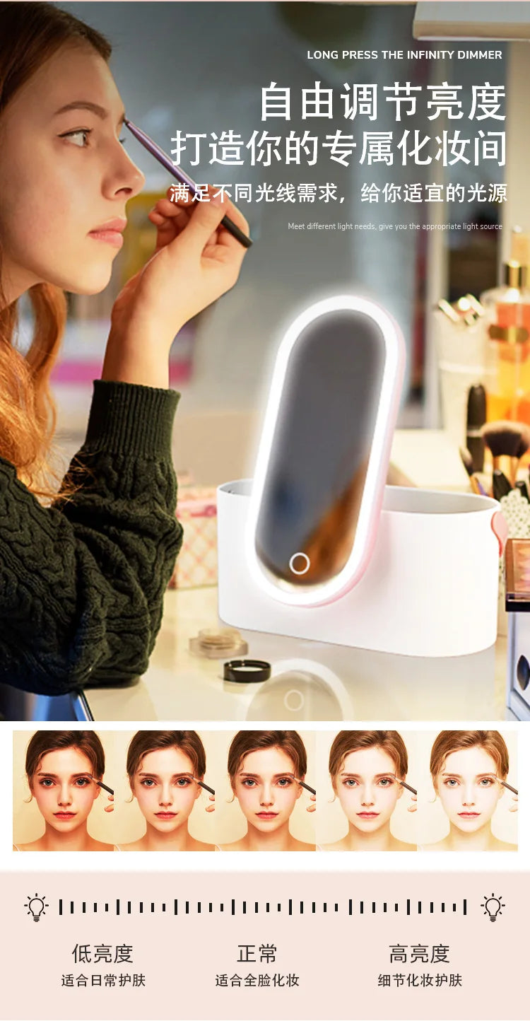 Rechargeable LED Makeup Mirror with Storage Box Portable Folding Rotating