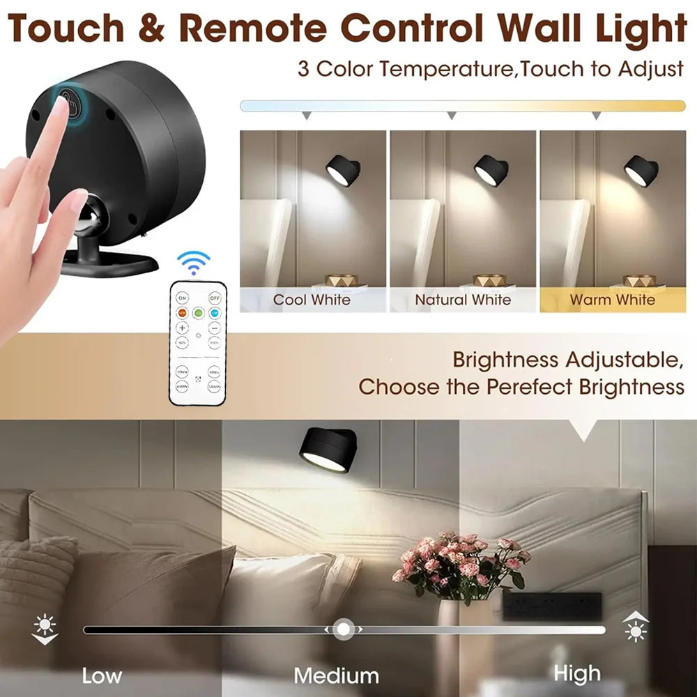 Magnetic LED Wall Light Rechargeable Reading Lights 360° Rotation Touch Remote Control