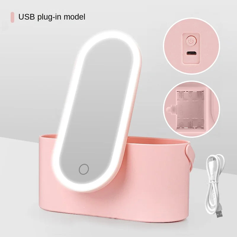 Rechargeable LED Makeup Mirror with Storage Box Portable Folding Rotating