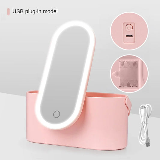 Rechargeable LED Makeup Mirror with Storage Box Portable Folding Rotating