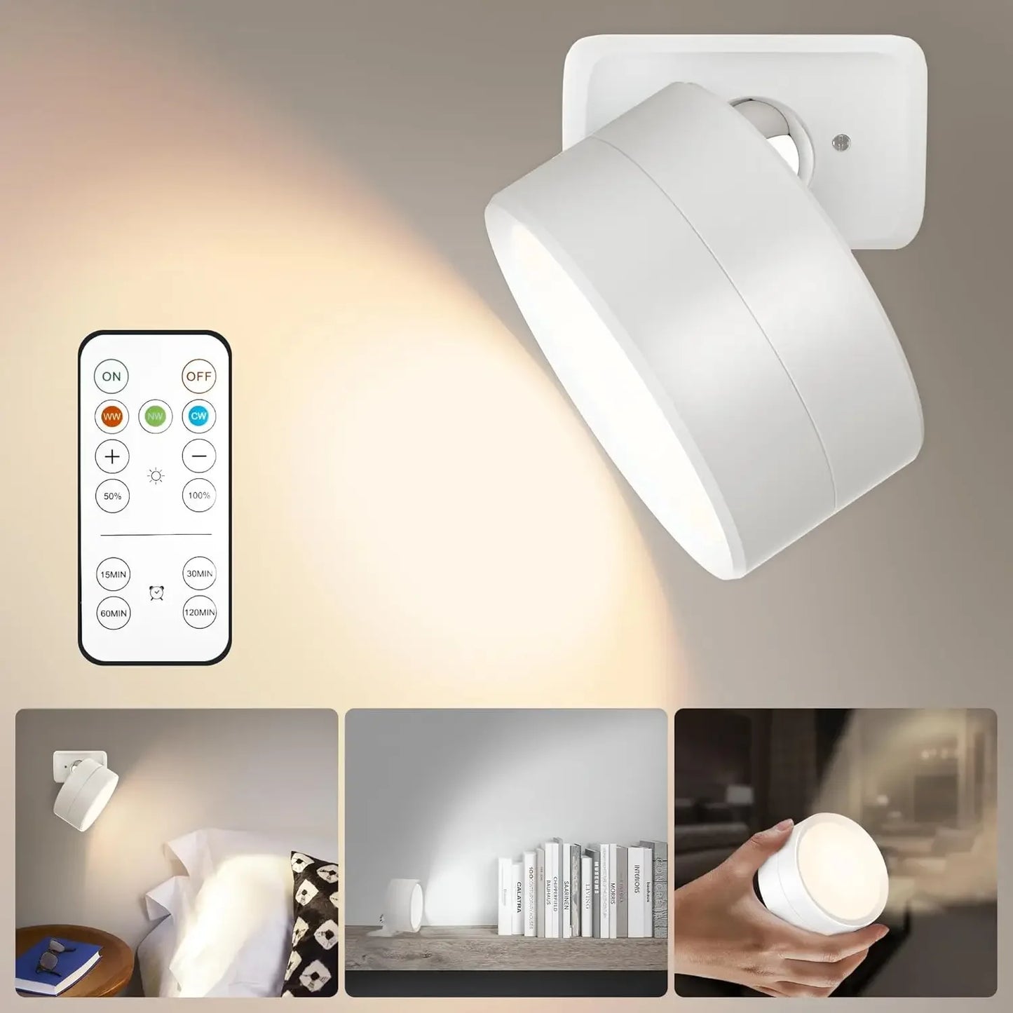 Magnetic LED Wall Light Rechargeable Reading Lights 360° Rotation Touch Remote Control