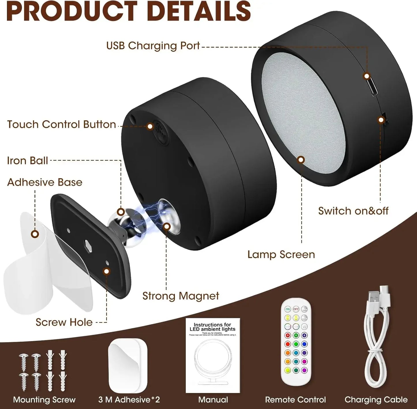 Magnetic LED Wall Light Rechargeable Reading Lights 360° Rotation Touch Remote Control